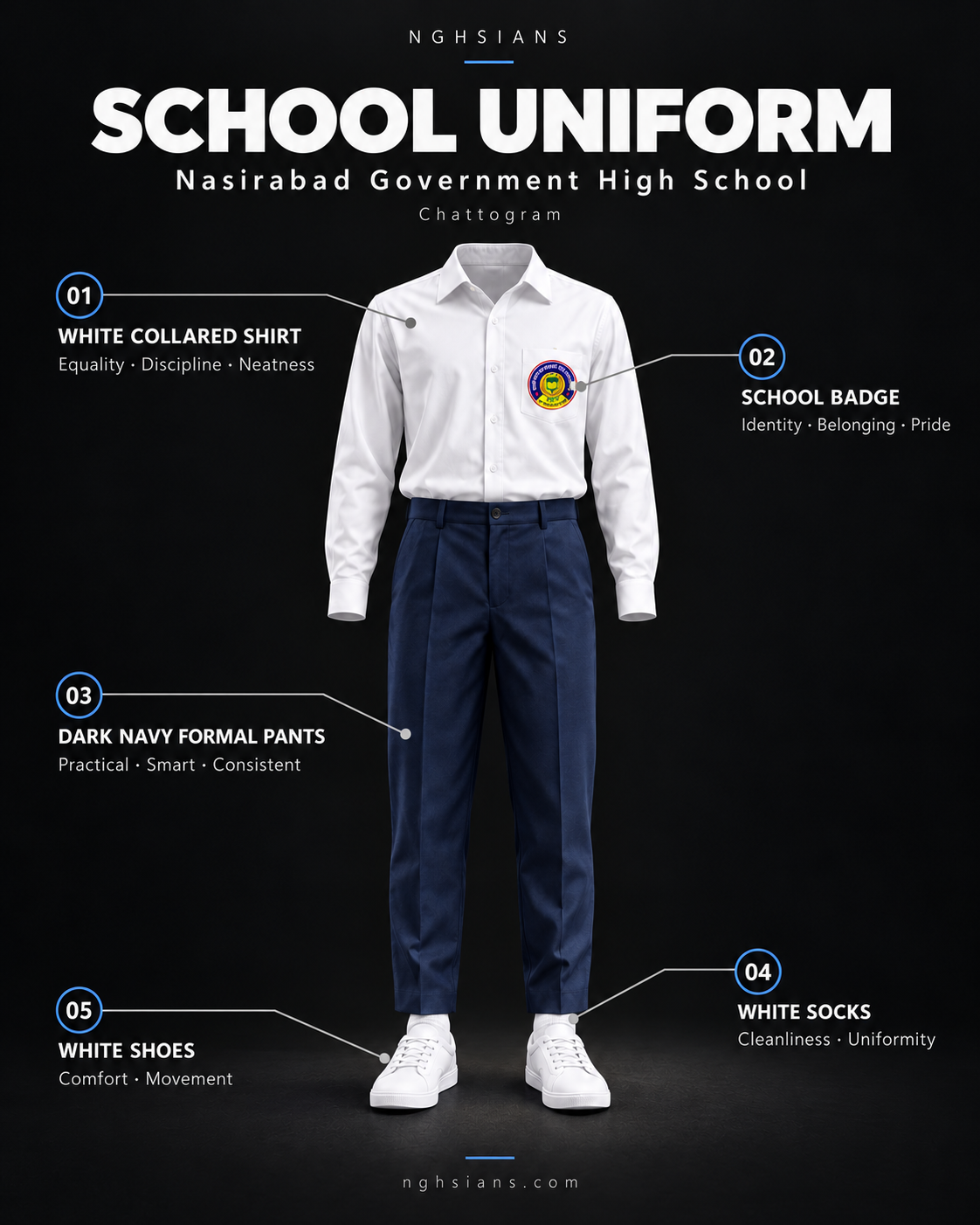 Nasirabad Government High School uniform: white collared shirt for equality, discipline and neatness; school badge for identity, belonging and pride; dark navy formal pants for practicality and consistency; white socks for cleanliness; white shoes for comfort and movement.